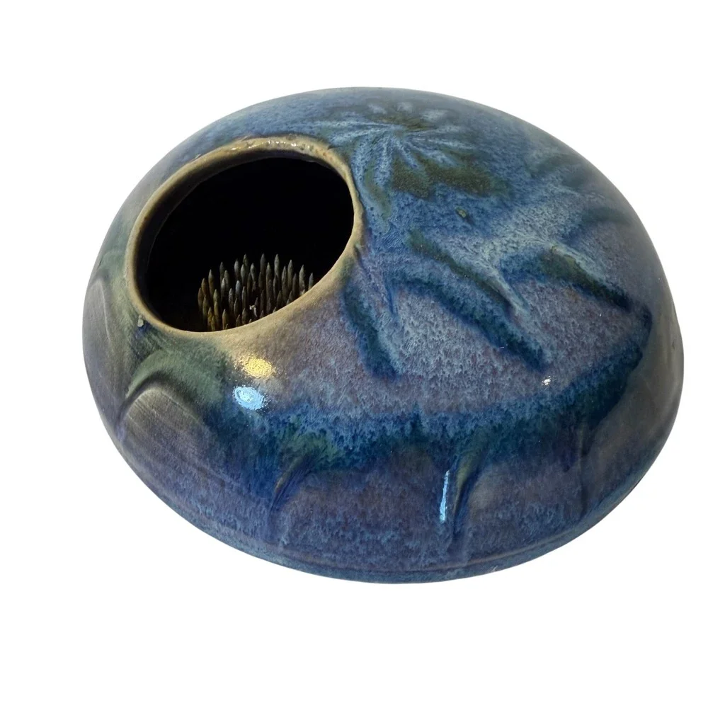Signed Studio Art Pottery Ikebana Vase Blue Reactive Glaze Flower Frog Round